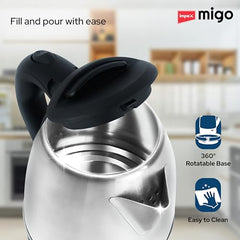 Impex Migo Stainless Steel Electric Kettle 1.8 Litre 1500 Watts Fast Boiling Portable Electric Kettle | Power Indicator | Dry Run Protection | Auto Cut off | 360 Degree Rotatable | 1 Year Warranty