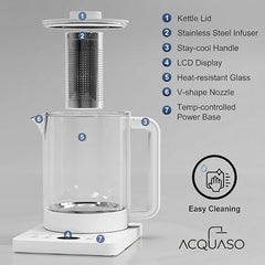 Boil Pro Smart Electric Kettle Glass 1.5L | Thermostat | 800W with 10 Preset Modes & Live Temperature Display | Smart | Inner Steel Plate Lid & Base | Steel Infuser | 60 CM 3pin Cable | acquaso