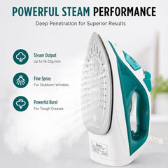 Warmex 2000W Steam Iron Press Black Non-Stick Soleplate | Powerful Steam Burst Removes Wrinkles From Clothes | Quick Heat Up 18-20 Gm Min Steam | Overheat Safety | Fabric Care Steamer Iron (Green)