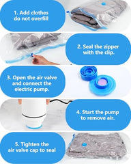 KRUDA Space Saving vacuum bags for clothes with pump Vacuum Compression Storage Bags with Electric Pump | | Reusable Airtight Zip Bags for Blankets, Clothes, Travel Up to 80% Space Saving