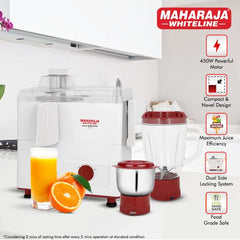 Maharaja Whiteline Gala Happiness Juicer Mixer Grinder With 2 Jars | Long Lasting Performance With 450 Watts| Food Grade Safe | High Grade Mesh For Efficient Juicing | 2 Year Warranty (White)