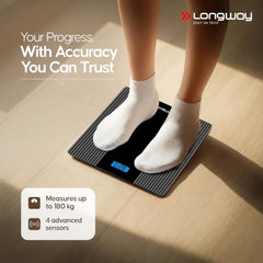 Longway Weight Machine for Home | Digital Bathroom Scale for Human Body Weight Measurement | Extra Thick Tempered Glass with LCD Display | 3 Years Warranty (Blue | Max Weight 180Kgs | Sapphire)