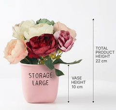 Dekorly Premium Artificial New Rose Flower with Pink Decorative Pot (Storage Large) – 22 cm Faux Flower Arrangement for Home Decor Living Room Bedroom Office Decor (1, Rose)