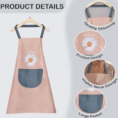MOMISY Waterproof Kitchen Apron, Cooking Apron with Large Front Pocket, Daisy Print Design (Pink)