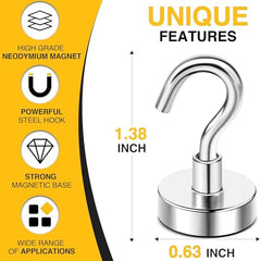 RULOKSHA Heavy Duty Magnetic Hooks, Holds Up to 13.6 kg (30 lbs), Strong Neodymium Rare Earth Magnets with Nickel Coating for Kitchen, Refrigerator, Office, Garage & Home (Silver, 3)