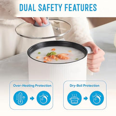 Multi Cook Electric Kettle with Steamer features 1.2L inner pot, double layered body, variable temperature control and wide mouth design. Ideal for tea, coffee, eggs, vegetables and boiling.