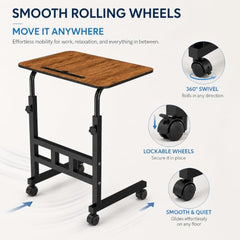 Amazon Basics Adjustable Sofa Side Table with Wheels, Portable Bedside Table for Bed and Sofa, Rolling Study Desk, Height Adjustable 26-34 Inch, 23.5 x 15.5 Inch Top Brown