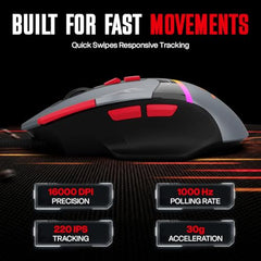 EvoFox Blaze 2 Plus Wired Gaming Mouse, 16,000 DPI, 1000Hz Polling Rate, 8 Programmable Buttons, RGB Lighting, Lightweight 98g, 220 IPS, 30G Acceleration, Windows & Mac Web Customization App
