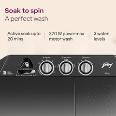 Godrej 8Kg 5 Star with 5 Years Comprehensive Warrnaty, Wash Upto 8 King Size Bedsheets, 370W PowerMax Motor, Magic Lint Fliter, Semi Automatic Washing Machine(WSEDGE CLS 80 5.0 EN2 MCSGR,Crystal Grey)