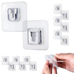 AMIQUS 10 Pcs Hevy Duty Self Adhesive Hook for Hanging Kitchen Item and Other Stainless Steel, Gold Waterproof, Strong Towels, Keys, Utensils,Robes Double-Sided Transparent (Double Claw V Shape)