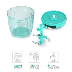 Cello Magic Hand Chopper XL | Multi Utility Chopper | 5 Stainless Steel Blades | Vegetable and Fruits chopper | 15 Cuts One Pull | (Chopper, Blade, Whipper) | 900 ml| Green