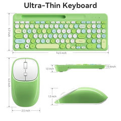 Retro Wireless Keyboard and Mouse Combo, Full-Size USB Keyboard with Round Keycaps, 2.4GHz Wireless for Desktop, Laptop and Computer (Green-Colorful)