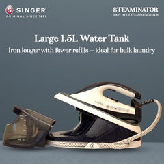 SINGER STEAMINATOR 8 Bar 2600 W Steam Generator Iron | 100 g/min Continuous Steam | 1.5L Water Tank | Ceramic Soleplate | Vertical Steam | Auto Shut-Off | Heavy Duty | ISI Certified | 2 Years Warranty
