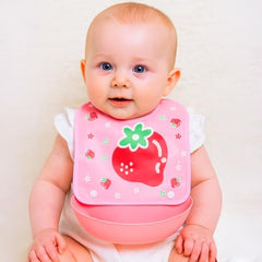 MOMISY Baby Bib For Newborn Waterproof Silicone Apron Wipeable Stain Resistant With pocket For 6 months and up (Pink-Strawberry)