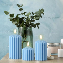 CANDLE CABINETS Ribbed Pillar Candle Set of 3 – 3.2x2 Inch Soy Wax Scented Candles – Minimalist Ribbed Texture for Aesthetic Home Decor & Romantic Gifting (Light Blue)