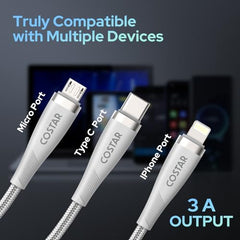 COSTAR 60W 3 in 1 Multi Fast Charging Cable - 3A Nylon Braided Charger Cable Compatible with iPhone, iPad, Samsung Galaxy, OnePlus, Mi, Oppo, Vivo, iQOO, Xiaomi, Car (Silver)