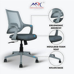 MRC Mono Ergonomic Office Chair (Mid-Back) – Revolving Breathable Mesh Desk Chair for Work from Home & Study–Lumbar Support & Heavy Duty Nylon Base (Grey & White)