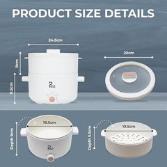 PIOUS Multipurpose Small Electric Kettle with Ceramic Coating 2L | Mini Multi Cooker Kettle For Boil, Steam, Fry, Saute | Electric Cooking Pot For Hostel | Diwali Gift | Dual Power 200W & 700W (White)