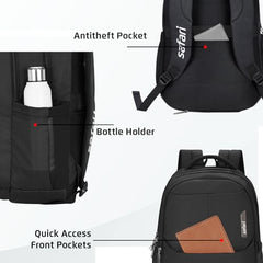 Safari Forge 34L Laptop Backpack, 3 compartments, Raincover, Antitheft pocket, Trolley Sleeve, Organizer, Bottle holder, Front pocket, College bag, school bag, Formal backpack, Color- Black