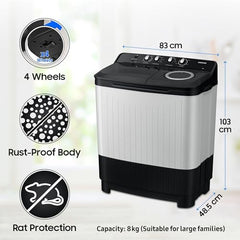 Samsung 8 kg, 5 star, Semi-Automatic Top Load Washing Machine (WT80C4200GG/TL, Air Turbo Drying, Light Gray, 5 Year Warranty on Wash Motor)