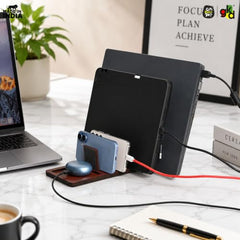 GKD Dark Wood Multi Device Stand & Organizer | Laptop, Tablet, Mobile & Power Bank Holder | All-in-One Desk Charging Station & Organizer | Modern Office Desk Accessory | Diwali Gift