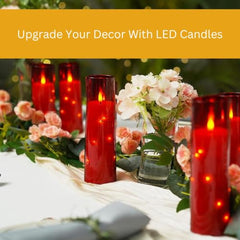 Flameless LED Pillar Candle Set of 2 | Acrylic Fiber Glass | Dancing Faux Wick | Remote Control with Battery Operated 3 AA | Home Décor & Gifting | 3" D x 6" H | Red