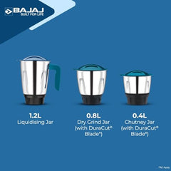 Bajaj Ninja Series NOTCH 500W Mixer Grinder (410651) with 3 Stainless Steel Jars | Titan Motor | Dura Cut Lifetime Blades | Radio Knob Control | 2-in-1 Function | French Blue | 2-Year Warranty