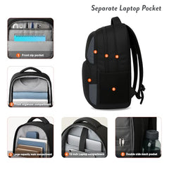 Lunar's Luxur 40L Laptop Backpack with 1 Year Warranty | Foam Padded Water Resistant School bag | Laptop Bag 15.6 Inch | Travel College bag for boys | Office bag for man (black_grey_orange)