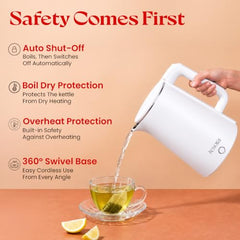 Tesora 1.8L Electric Kettle, 1500W,Stainless Steel Interior, 12 Recipe Book | Electric Water Boiler, Tea Maker, 1500W Fast Boiling, Cool-Touch Body, 360° Base, Auto Shut-Off, Boil-Dry Protection