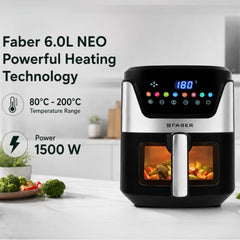 Faber 6L 1500W Digital Air Fryer | Fry, Bake, Roast, Toast, Defrost, Grill & Reheat | 85% Less Oil, 360° Air Cooking|8-Preset Menu,LED Display&Touch Control, Non-Stick Pan,View Window|FAF 6.0L NEO BK