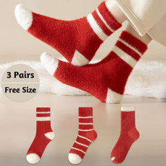 MOMISY Fuzzy Socks for Women Men, Fluffy Cozy Warm Winter Thick Plush Crew Slipper Socks, Red and White, 3 Pairs