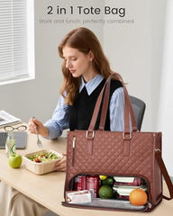 Crewer Elegant Work Bag with Lunch Compartment – Laptop Tote Bag with Lunch Box Section, Office Bag with Insulated Lunch Storage – Stylish Quilted Shoulder Bag for Women. (Cream)