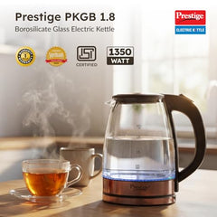 Prestige PKGB 1.8 Litre Electric Glass Kettle| LED Power Indicator| Borosilicate Glass| Automatic Power Cut-Off| Concealed Element| 360 Degree Swivel| Cool Touch Handle, 1350 Watts, Transparent