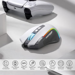 Redragon M612AK PRO RGB Gaming Mouse, 8000 DPI Wired/Wireless Optical Mouse with 9 Programmable Buttons & 7 Backlit Modes, BT & 2.4G Wireless, Software Supports DIY Keybinds Rapid Fire Button