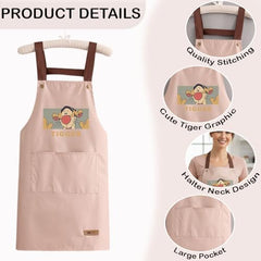MOMISY Kitchen Apron with Front Pocket – Cute Cartoon Cooking Apron (Peach)
