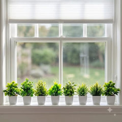 amazon basics Artificial Potted Plants, Artificial Plastic Eucalyptus Plants Small Indoor Potted Houseplants, Small Faux Plants for Home Decor Bathroom Office Farmhouse (Set of 8)