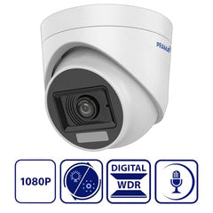 PRAMA PT-HTD70FOE-LPFS 2MP Ranginview Audio Fixed Turret Dome Camera, Built-in Microphone,1920 × 1080 Resolution, up to 20 Meters of IR Distance and 20 Meters of White Light Distance.