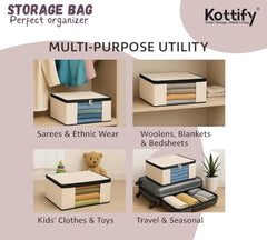 Kottify Cotton Canvas Clothes Storage Bags Pack of 3 | Saree Covers with Zip | Wardrobe Organizer for Women’s Dresses, Sarees & Lehengas | Breathable Fabric Storage Bag with Window (17 x 14 x 7 Inch)