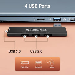 ZEBRONICS TA210U, 4 in 1 Type-C to USB Hub, USB 3.0, 4 USB Ports, Speeds Upto 5 Gbps, Metal Body, for Mac | Laptops, Black