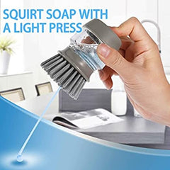 MOMISY Plastic Cleaning Brush with Soap Dispenser for Kitchen, Sink, Dish Washer with Storage Stand-Pack of 2 (Grey, Green