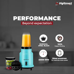 DIGISMART 500W Nutri Mixer Grinder 2 Jars 22000 RPM Motor Speed For Chutney, Juice and Shake, Fast Grinding Stainless Blade, Long Lasting Shock Proof ABS Body, 1 Years Warranty - Blue