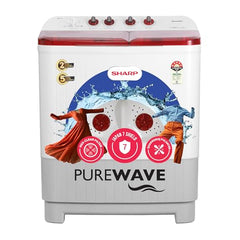 SHARP 9.0 kg, 5 star, Semi-Automatic Top Loading Washing Machine with HydroBlast Wash, Quadroniq Pulsator, 1300 RPM (ES-SD90NB-PR, Ruby Red, Pure Wave)