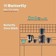 Butterfly ZieraBlack 1000 Watt Mixer Grinder | 6 Jars | Coarse Grinding Jar | Uniform Grinding - Tornado Blade & Lid | Smudge Free & Long Lasting Annealed SS Jars | Torx23 Motor| 5 Years Warranty