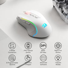 Redragon M612AK PRO RGB Gaming Mouse, 8000 DPI Wired/Wireless Optical Mouse with 9 Programmable Buttons & 7 Backlit Modes, BT & 2.4G Wireless, Software Supports DIY Keybinds Rapid Fire Button