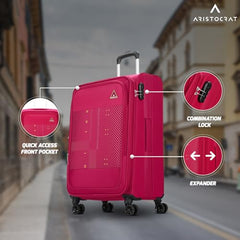 Aristocrat Duralite Set of 3 Soft Case (S+M+L) Trolley Bags, Red | 8-Wheels, Spacious, Zipper Expander, Front Pocket, Polyester Case, Combination Lock, Travel Luggage, 3-Year Global Warranty