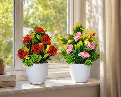 Asharya® Artificial Flower Plants for Home Décor – Set of 4 Mini Potted Plants (7 Inch) in White Pots | Pink, Yellow, Red & Blue Faux Flowers for Living Room, Office, Indoor Outdoor Decoration