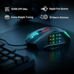 Redragon Impact M908 RGB LED MMO USB Mouse with Side Buttons Laser Wired Gaming Mouse with 12400 DPI, High Precision, 18 Programmable Mouse Buttons (Black)