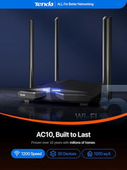 Tenda AC10 AC1200 Wireless Smart Dual-Band Gigabit WiFi Router, MU-MIMO, 4 Gigabit Ports, 867Mbps/5 GHz+ 300Mbps /2.4GHz, Support VPN Server, WiFi Schedule, (Black, Not a Modem)