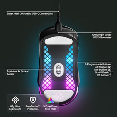 SteelSeries Aerox 3 Wireless Gen 2 - Ultralight 68g Gaming Mouse, 4K Polling, 26K DPI Optical Sensor, 200 Hours Battery Life, IP54, 80 Million Clicks, RGB, Pure PTFE Gliding Feet, Shadow