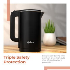 Lifelong Electric Kettle 1.5 litre | 1500W Stainless Steel Kettle with Double Wall & Cool Touch Body | Multipurpose Electric Kettle | 360° Swivel Base, Auto Shut Off & Overheat Protection (Black)